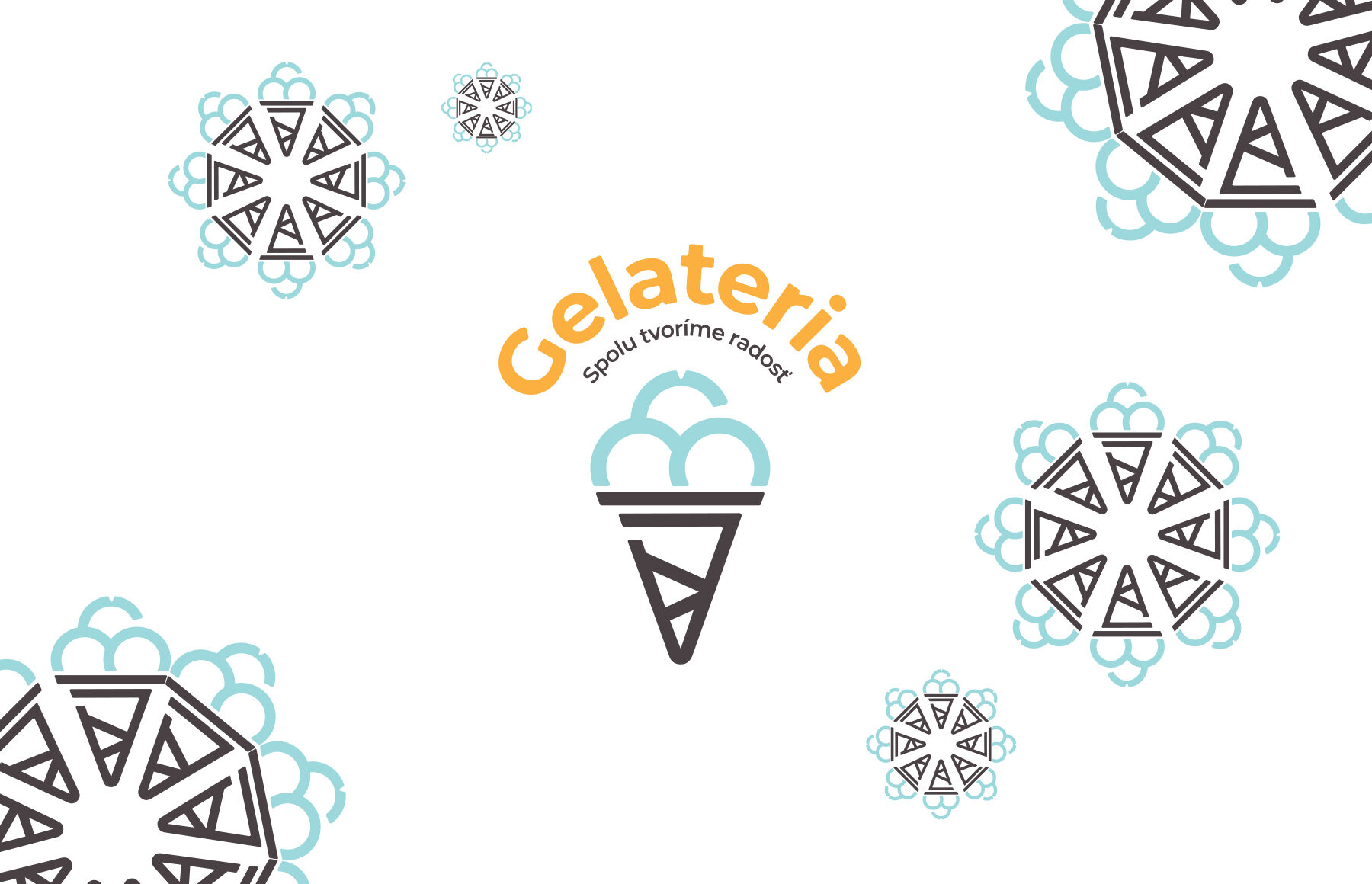 Gelateria logo, mustra kvetu vytvorená z kornútkov zmrzliny.