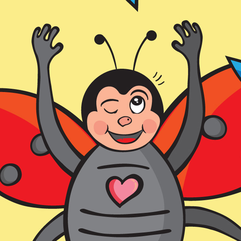 A happy ladybug, depicted in a digital illustration. The cheerful design is perfect for a children's book or animation, with bright colors and a playful, friendly expression. The ladybug has oversized, expressive eyes, and the background is simple and colorful, ideal for young audiences.