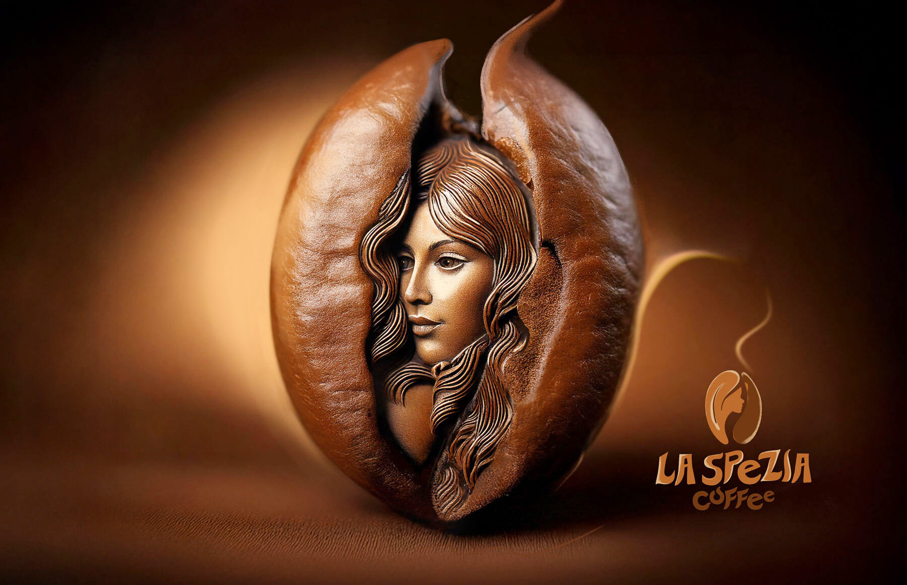 Face of a woman emerging from a coffee bean. Branding concept illustration.