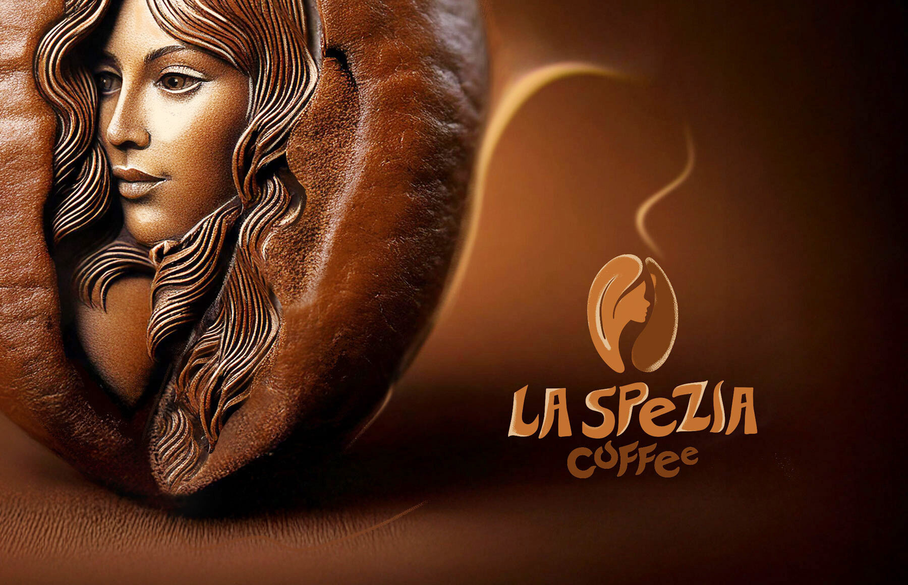 Face of a woman emerging from a coffee bean. Branding concept illustration.