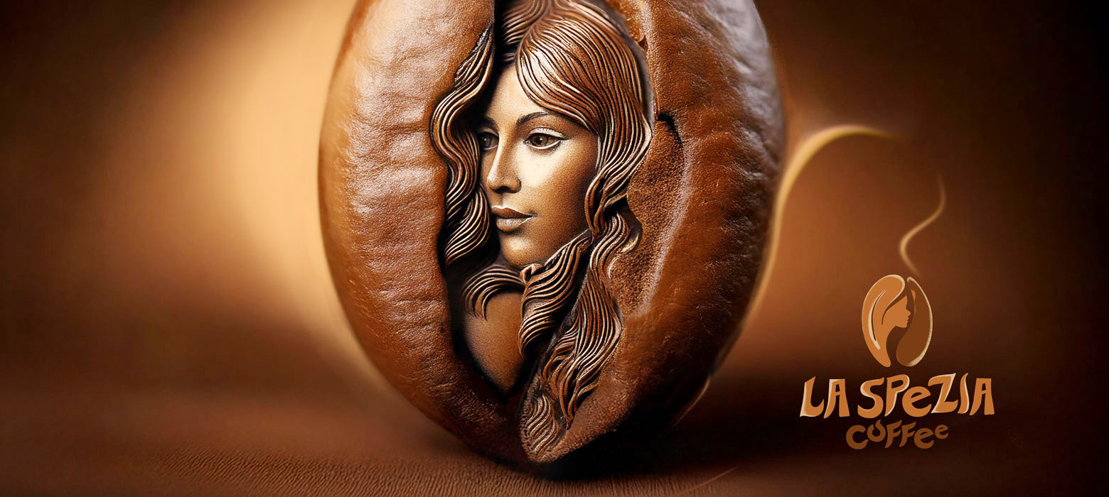 Face of a woman emerging from a coffee bean. Branding concept illustration.