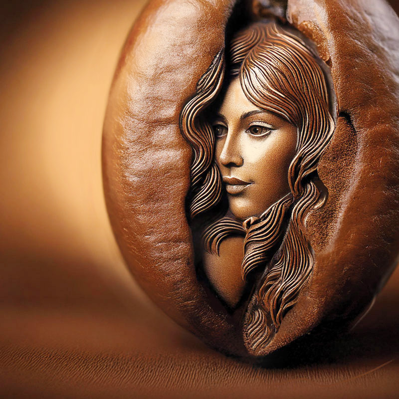 Face of a woman emerging from a coffee bean. Branding concept illustration.