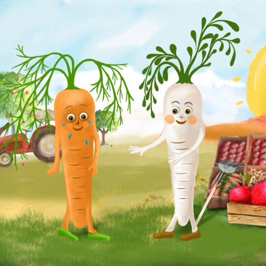 Conversation in the garden, digital hand painting. Carrots and parsley. 