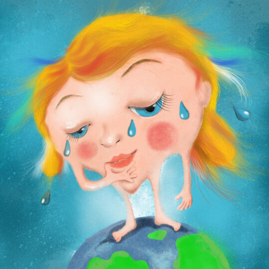 Digital Painting Mom Earth. Figure of mom standing on the globe and crying holding her chin.