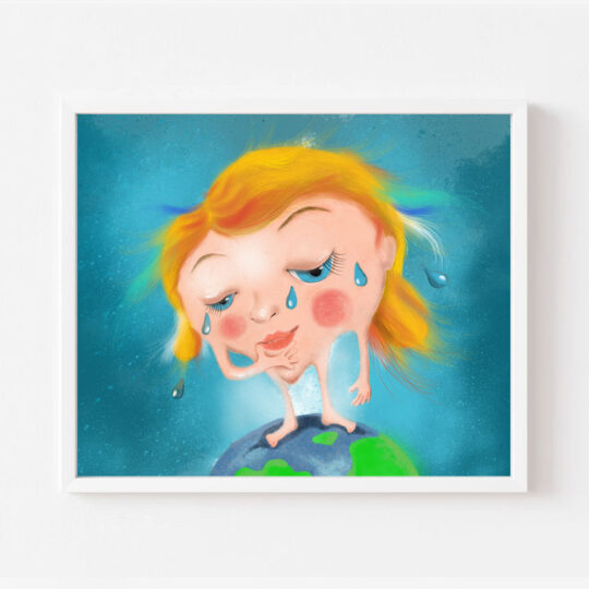 Digital Painting Mom Earth. Figure of mom standing on the globe and crying holding her chin.