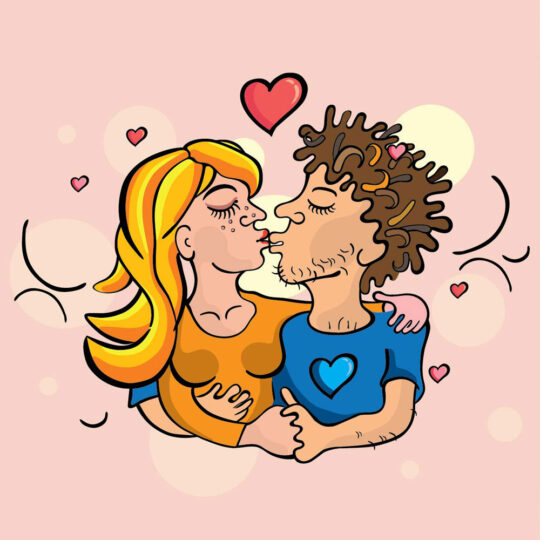 Couple in love, vector illustration. Man and woman in embrace, kiss.