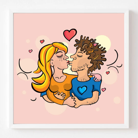 Couple in love, vector illustration. Man and woman in embrace, kiss.