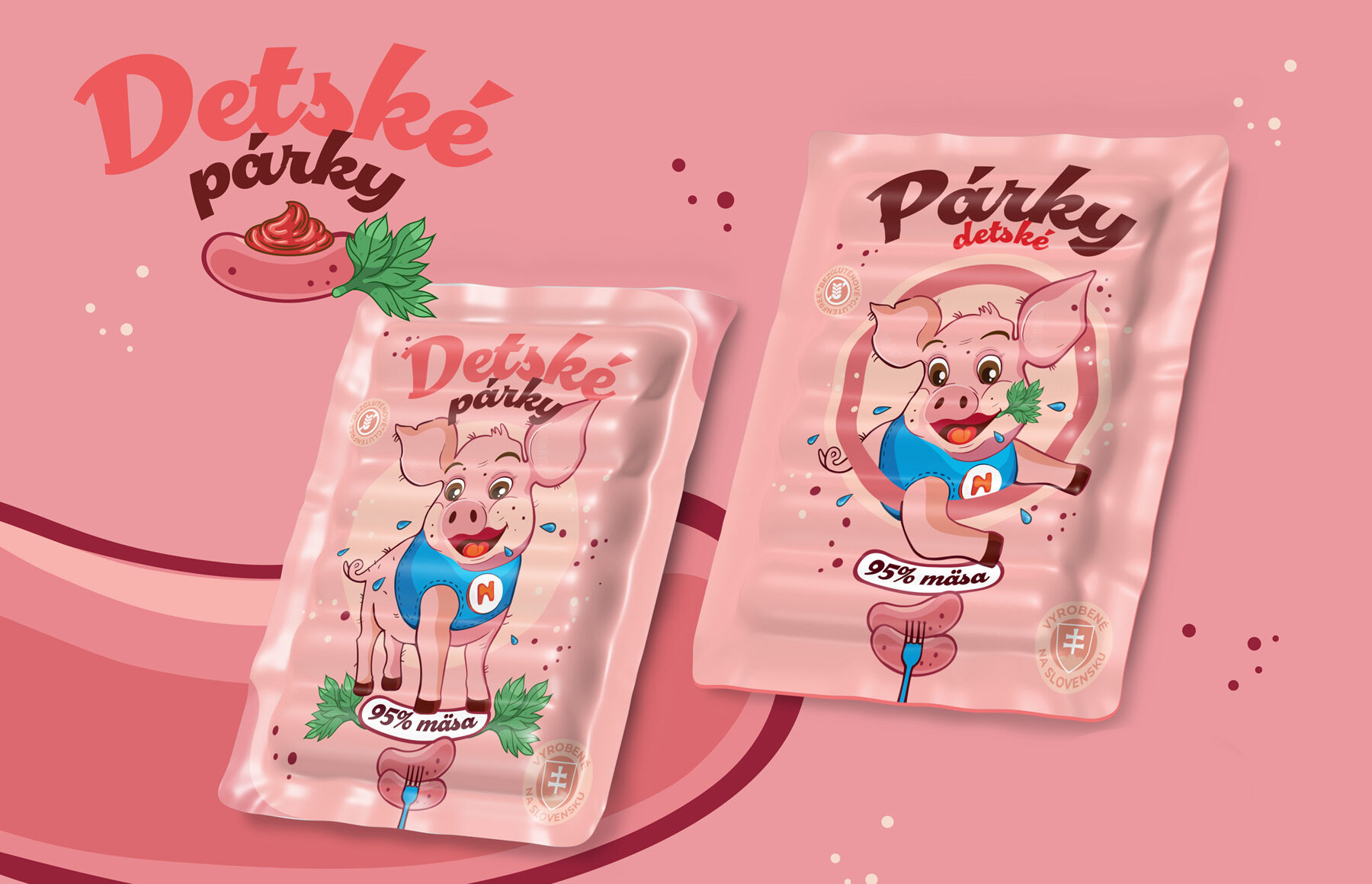 Obalový dizajn, veselé prasiatko, ilustrácia produktového dizajnu.