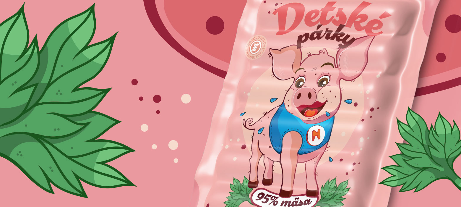 Obalový dizajn, veselé prasiatko, ilustrácia produktového dizajnu.
