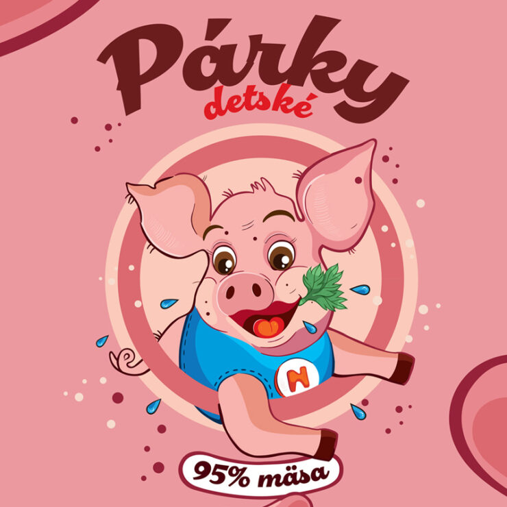 Obalový dizajn, veselé prasiatko, ilustrácia produktového dizajnu.