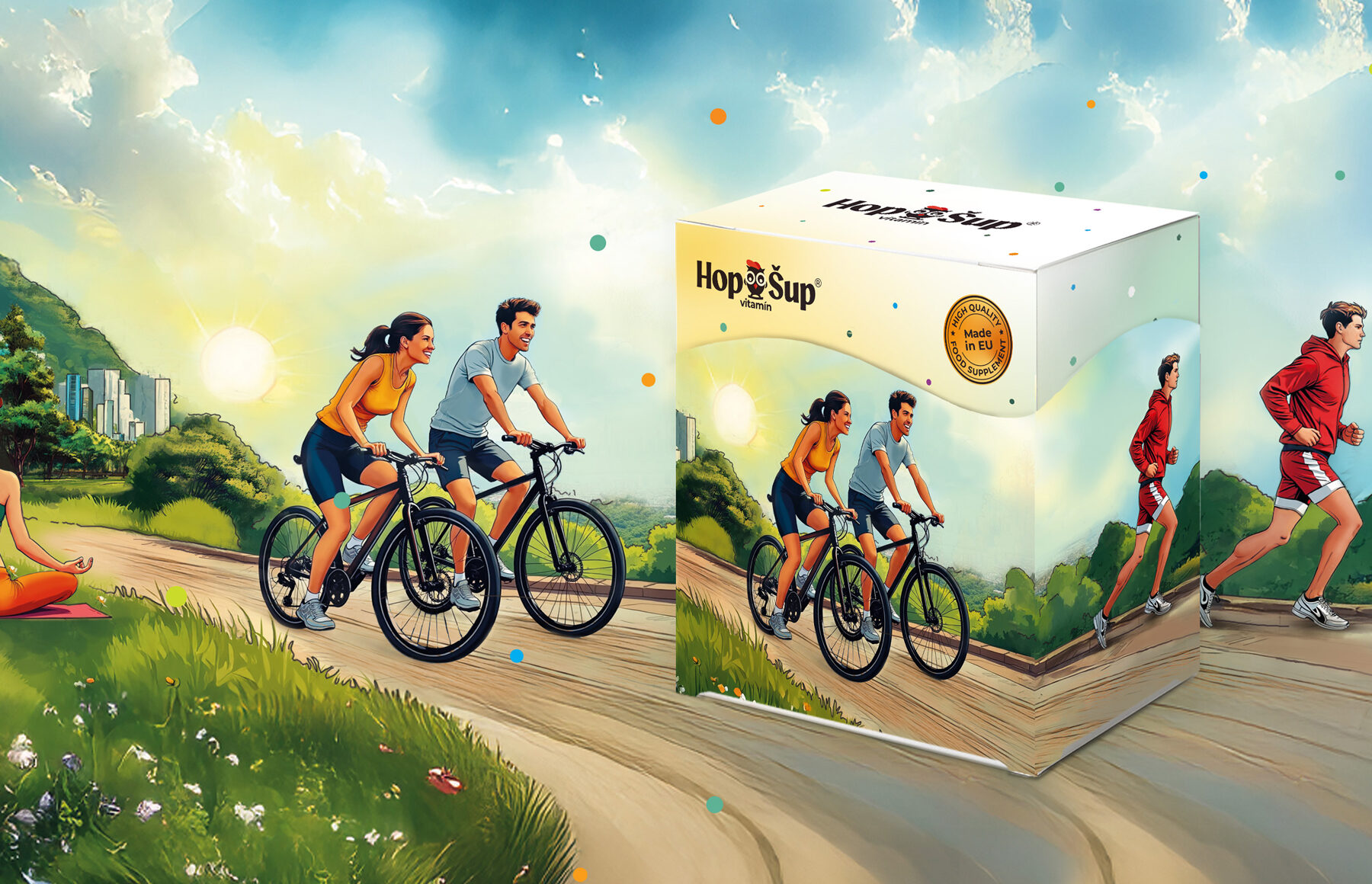 Obalový dizajn pre doplnkové vitamíny, digitálna kresba, montáž