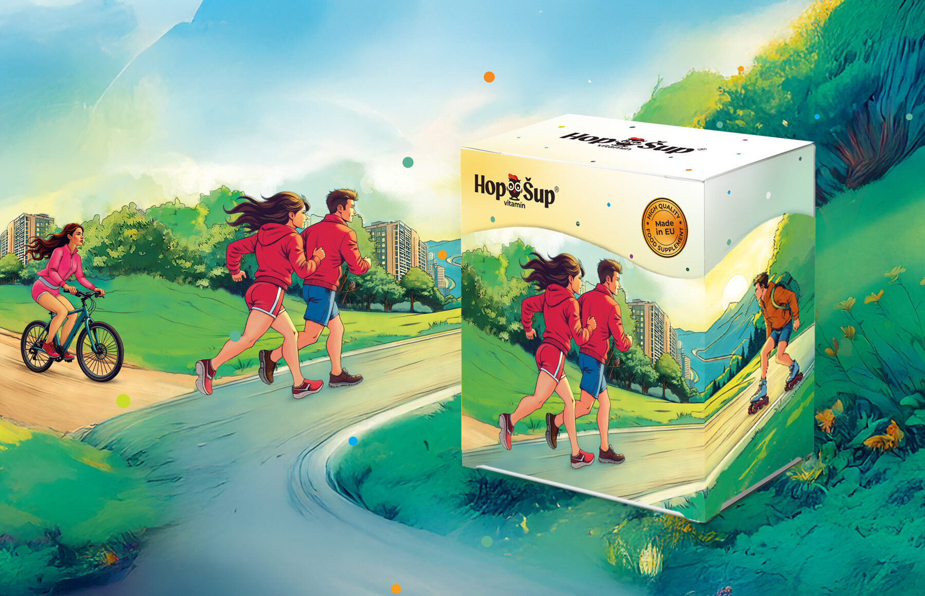 Obalový dizajn pre doplnkové vitamíny, digitálna kresba, montáž